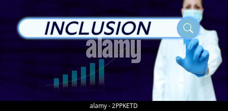 Text caption presenting Inclusion. Internet Concept action state including of being included within group or structure Stock Photo