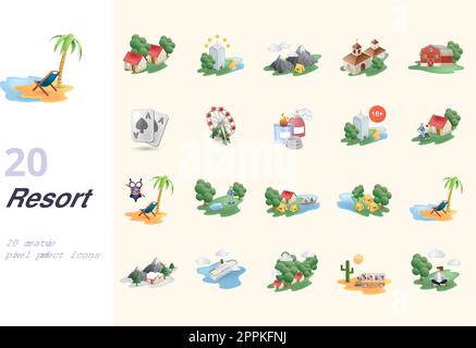 Resort set. Creative icons: recreation resort, all-inclusive resort, ecotourism, ranches, casino, amusement park, spa resort, adult only resort Stock Vector