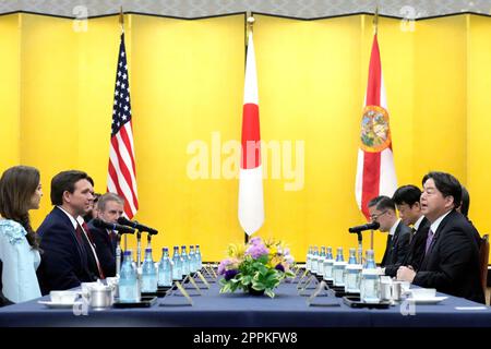 Tokyo, Japan. 22nd Apr, 2023. Florida Gov. Ron DeSantis, left, and Japanese Foreign Minister Yoshimasa Hayashi, right, attend their meeting at Iikura Guest House Monday, April 24, 2023, in Tokyo. (Credit Image: © POOL via ZUMA Press Wire) EDITORIAL USAGE ONLY! Not for Commercial USAGE! Stock Photo