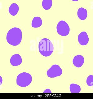 Seamless polka dots pattern. Violet hand-drawn circles on light yellow background. Abstract Random big points ornament. Vector doodle illustration for Stock Vector