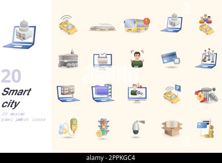 Smart city set. Creative icons: smart car, online government, car sharing, rover food delivery, online voting, face recognition, smart card, digital Stock Vector