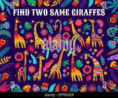Find two same African giraffes, kids game worksheet with bright flowers, leaves and vector floral elements. Puzzle quiz to find two same objects of Af Stock Vector
