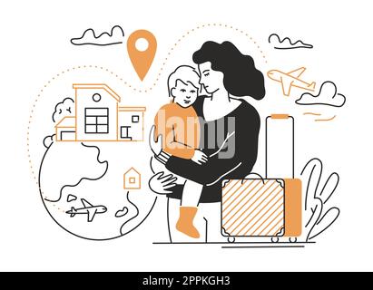 Emigration with family - modern line design style illustration Stock Vector