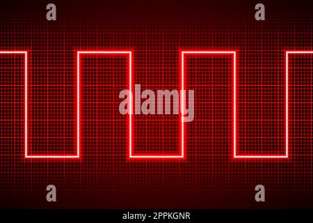 Abstract neon red broken line pattern on dark oscilloscope digital screen. Electric ac waves oscillating. Digital equalizer. Scientific experiment. Se Stock Vector