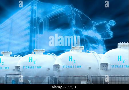 Electric truck with H2 fuel storage tank. Blue hydrogen concept. Electric vehicle trailer truck. Sustainable energy. Net zero emissions by 2050. Commercial logistic truck transport with green power. Stock Photo