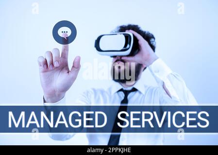 Text sign showing Managed Services. Internet Concept company that remotely manages customer s is IT infrastructure Stock Photo