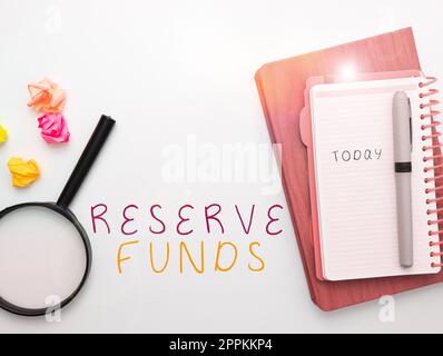 Text caption presenting Reserve Funds. Conceptual photo money released from bank to back up failed business plan Stock Photo