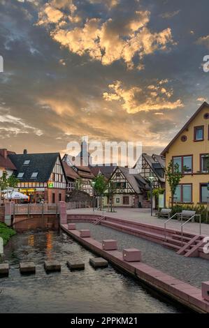 Ensemble at the Schipka Pass with the Queich River and remains of the old town wall, Annweiler, Palatinate, Rhineland-Palatinate, Germany, Europe Stock Photo