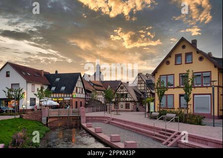 Ensemble at the Schipka Pass with the Queich River and remains of the old town wall, Annweiler, Palatinate, Rhineland-Palatinate, Germany, Europe Stock Photo