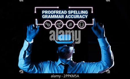 Text sign showing Proofread Spelling Grammar Accuracy. Internet Concept reading and marking spelling, grammar mistakes Stock Photo