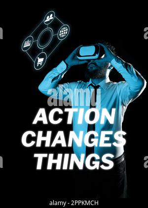 Text caption presenting Action Changes Things. Concept meaning doing something will reflect other things Reaction Stock Photo