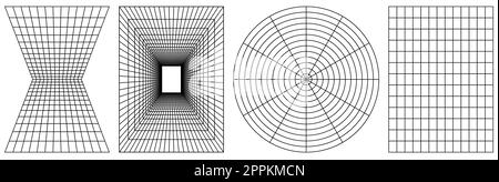 Geometry wireframe grid backgrounds set. Cyberpunk elements in trendy psychedelic rave style. Y2k retro futuristic objects Stock Vector