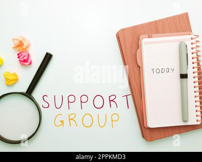 Conceptual caption Support Group. Business overview number of people involved in service commitment Stock Photo