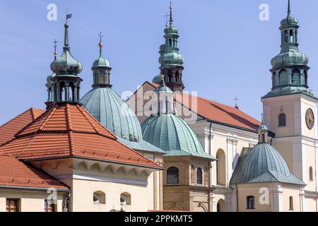 View of towers of Passion and Marian sanctuary of Bernardine Fathers and chapels, Kalwaria Zebrzydowska, Poland Stock Photo