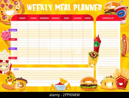 Weekly meal planner. Fast food cartoon wizard and mage characters diet ...