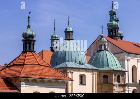 View of towers of Passion and Marian sanctuary of Bernardine Fathers and chapels, Kalwaria Zebrzydowska, Poland Stock Photo