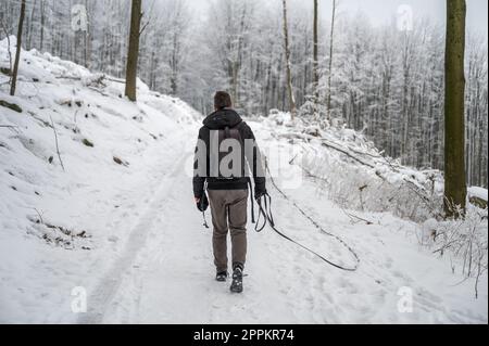 Young man with short brown hair, warm clothes and backpack walks his gray colored akita inu dog in the forest during winter with lots of snow, rear view Stock Photo