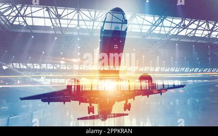 Take off of an aircraft with double exposure of airport Stock Photo