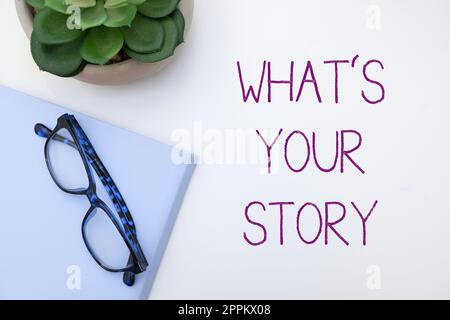 Handwriting text What's Your Story. Business idea asking someone tell me about himself Share experience Stock Photo