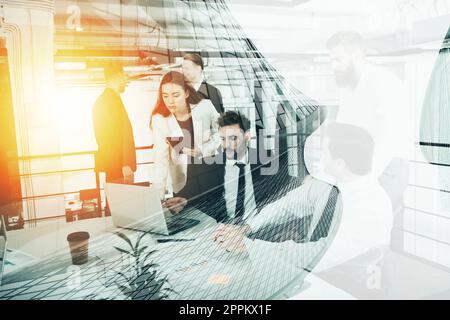 Concept background with business people working in a modern office. Double exposure Stock Photo