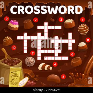 Crossword quiz game grid. Milk chocolate, praline and fudge candy. Souffle, truffle and jelly, hazelnut bonbons on crossword grid playing activity, vo Stock Vector