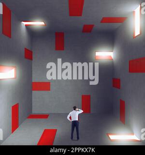 Businessman in a room full of doors. Concept of bureaucracy and stress Stock Photo