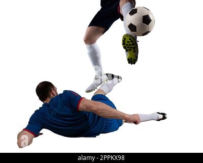 Soccer players with soccerball at the stadium during the match. Isolated on white background Stock Photo