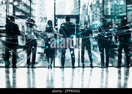 Network background concept with business people silhouette. Double exposure and network effects Stock Photo
