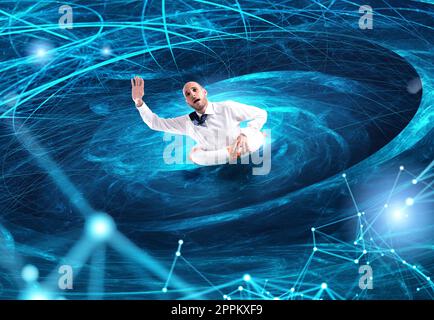 Businessman is drowning in a internet storm. Concept of internet addiction and overwork Stock Photo