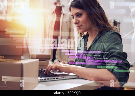 Seamstress works to new clothes ordered by internet client Stock Photo