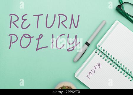 Hand writing sign Return Policy. Conceptual photo Tax Reimbursement Retail Terms and Conditions on Purchase Stock Photo