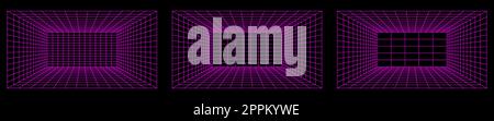 Set of cyber grid. Retro punk perspective rectangular tunnels. Vector illustration Stock Vector