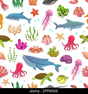 Cartoon underwater animals, seaweeds, fish and corals seamless pattern. Ocean, sea deep wild life vector background, seamless print with dolphin, shar Stock Vector