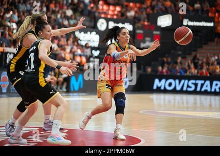 Melisa Paola Gretter of Movistar Estudiantes (L) and Cristina Ouvina of Valencia Basket (R) in action during the Play off quarterfinals of Liga Endesa at Pavilion Fuente de San Luis.Valencia Basket 77:35 Movistar Estudiantes Stock Photo