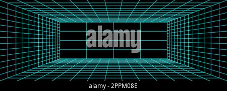 Retro grid tunnel geometry on black background. Vector illustration Stock Vector