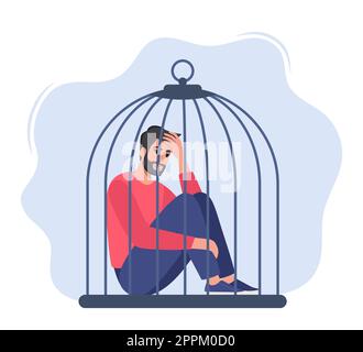 Sad man sitting inside the closed cage. Concept of restrictions on human rights and freedoms in society. Vector illustration Stock Vector