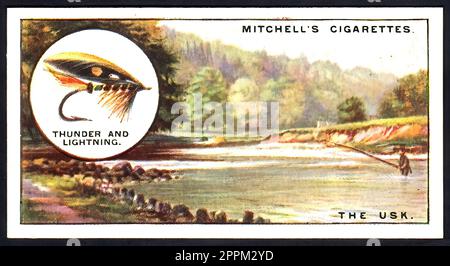 Fly Fishing on the River Usk - Vintage British Cigarette Card - Victorian Era Stock Photo