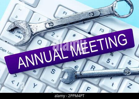 Conceptual caption Annual Meeting. Word for Yearly gathering of an organization interested shareholders Stock Photo