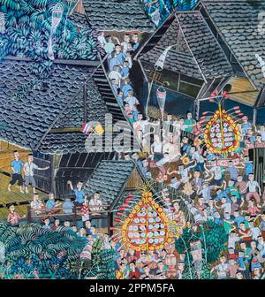 Native Thai painting of Buddhist festival on temple wall in Chiang Mai, Thailand Stock Photo