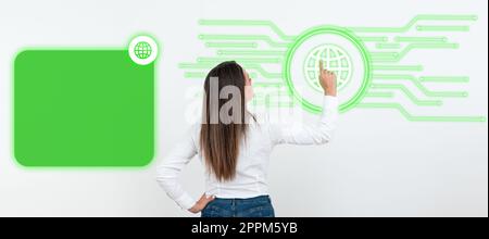 Businesswoman in white office sirt standing and pressing virtual button with her finger. Women presenting new technologies for future. Futuristic digital design. Stock Photo