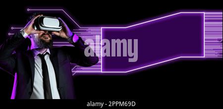 Standing Man Wearing Vr Glasses Presenting Important Messages. Businessman Having Virtual Reality Eyeglasses And Showing Crutial Informations. Female Seeing New Ideas. Stock Photo