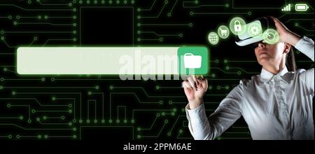 Woman Wearing Vr Glasses And Pointing On Important Messages With One Finger. Businesswoman Having Virtual Reality Eyeglasses And Showing Crutial Informations. Stock Photo