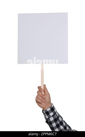 Man holding blank protest sign on white background, closeup Stock Photo ...