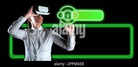 Woman Wearing Vr Glasses And Pointing On Important Messages With One Finger. Businesswoman Having Virtual Reality Eyeglasses And Showing Crutial Informations. Stock Photo