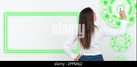 Businesswoman in white office sirt standing and pressing virtual button with her finger. Women presenting new technologies for future. Futuristic digital design. Stock Photo