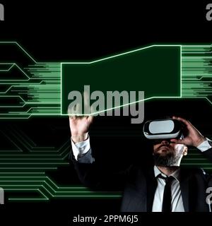 Businessman Wearing Vr Glasses And Pointing On Important Messages With One Finger. Man Having Virtual Reality Eyeglasses And Showing Crutial Informations. Stock Photo