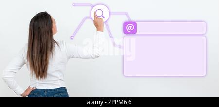 Businesswoman in white office sirt standing and pressing virtual button with her finger. Women presenting new technologies for future. Futuristic digital design. Stock Photo