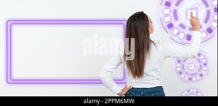 Businesswoman in white office sirt standing and pressing virtual button with her finger. Women presenting new technologies for future. Futuristic digital design. Stock Photo