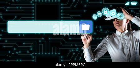 Woman Wearing Vr Glasses And Pointing On Important Messages With One Finger. Businesswoman Having Virtual Reality Eyeglasses And Showing Crutial Informations. Stock Photo
