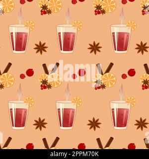 Pattern with hot wine and oranges, berries and cinnamon on light background. Vector. Seamless pattern. EPS10 Stock Vector